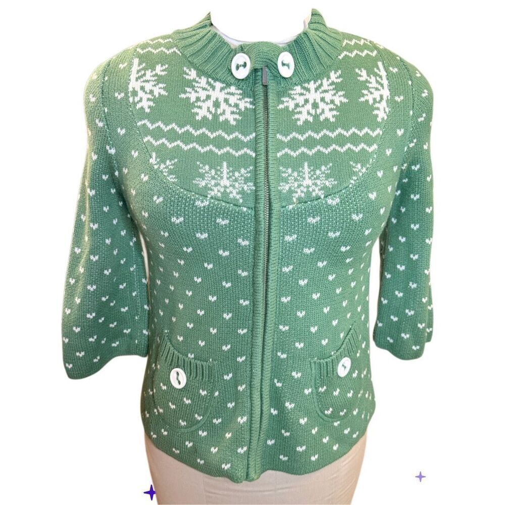 DC Sweater Womens Sz. PS Knit Full Zip Snowflake 3/4 Sleeve Green Pockets